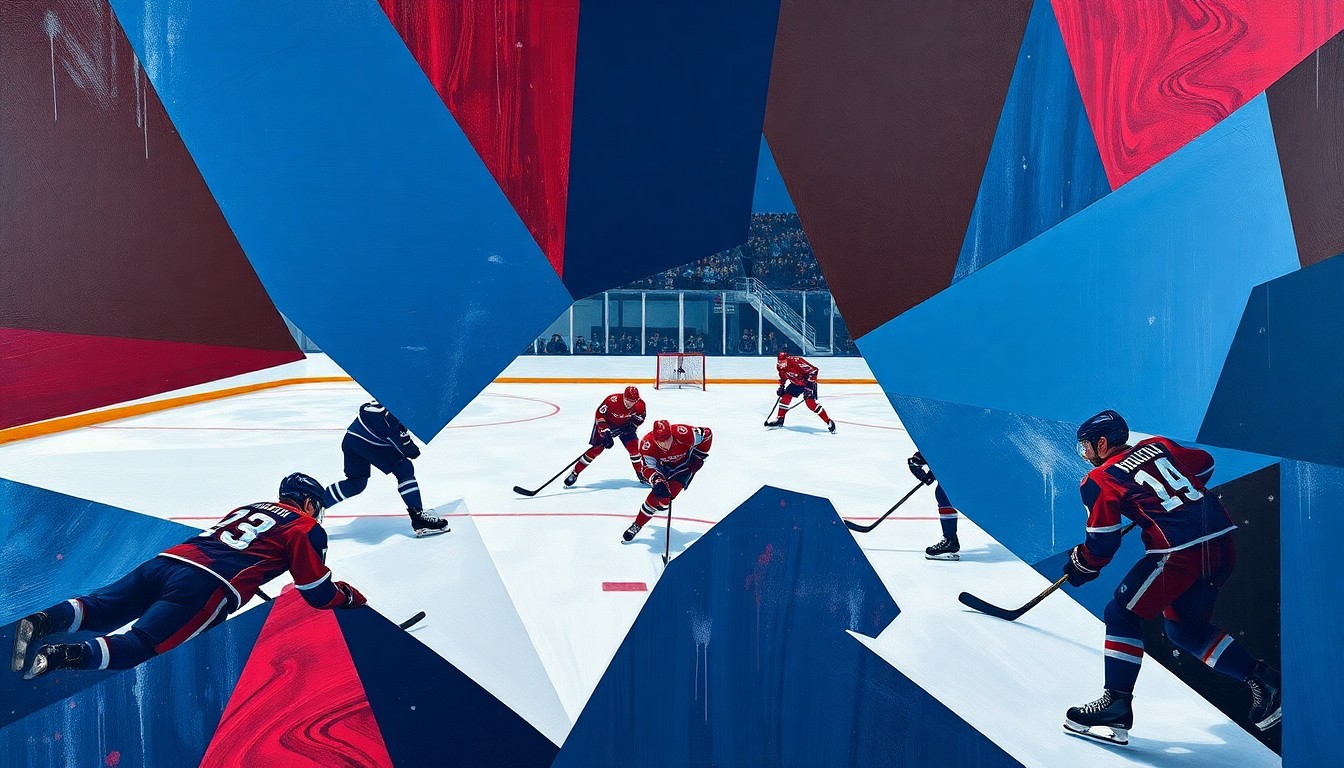 A fractured, cubist-style painting depicting a hockey game, with the players and ice reduced to angular, intersecting shapes in a vibrant color palette, capturing the energy and intensity of the sport.