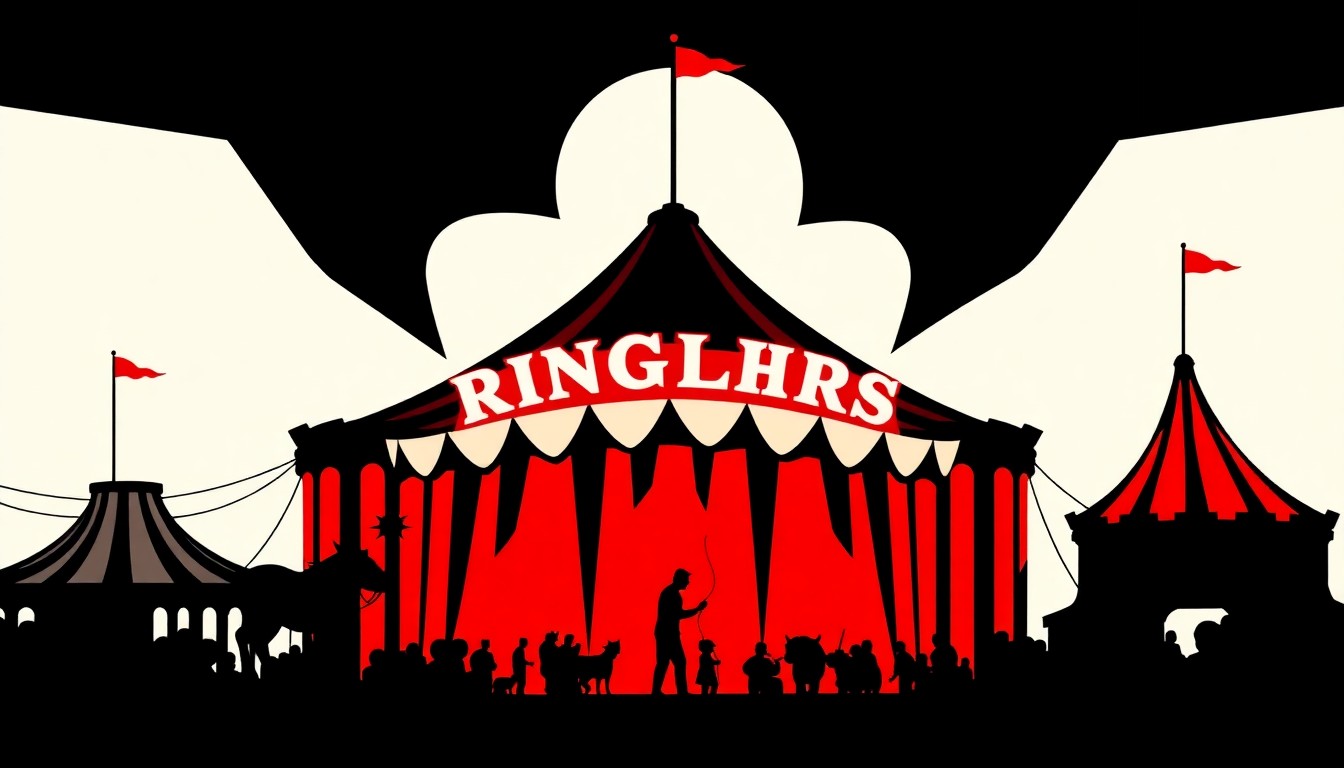 A bold, abstract illustration featuring stark, jagged geometric shapes in high-contrast red and white, conceptually representing the energy and excitement of the Ringling Bros. and Barnum & Bailey Circus.