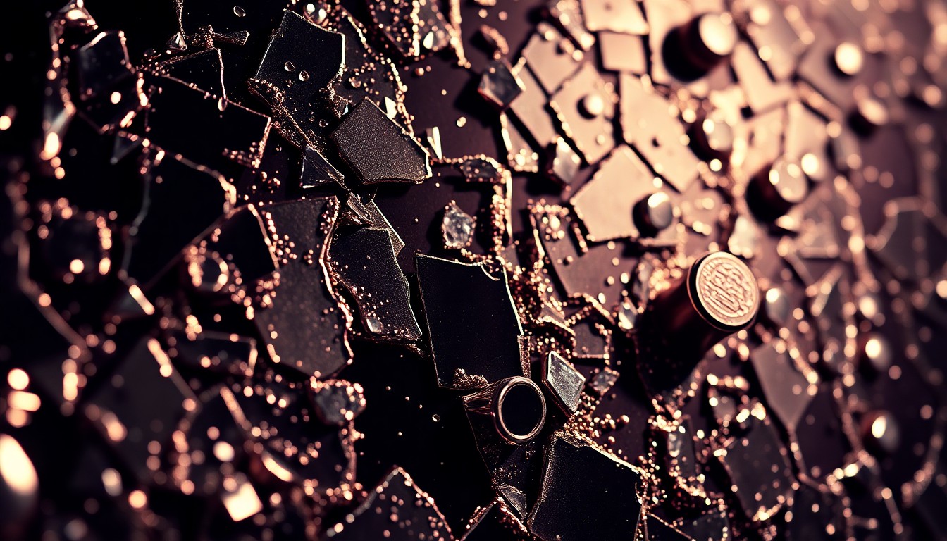 An extreme close-up of shattered, reflective glass fragments in a dramatic, high-contrast studio lighting setup, conceptually representing the gritty yet glitzy legacy of Ronnie James Dio's final years with Black Sabbath.