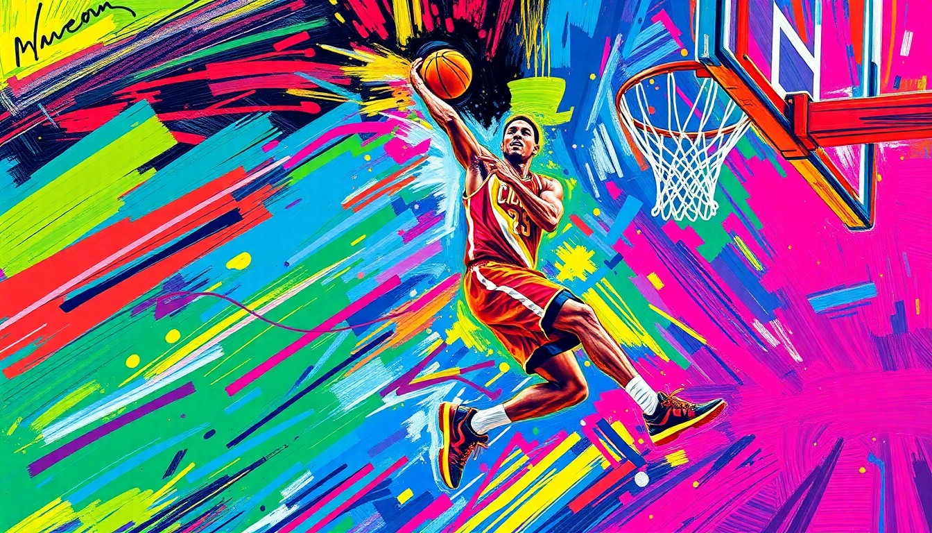 An abstract, expressionist painting in neon colors depicting the dynamic motion of a basketball player driving to the hoop, with the player's face and jersey details obscured by the vibrant brushstrokes.