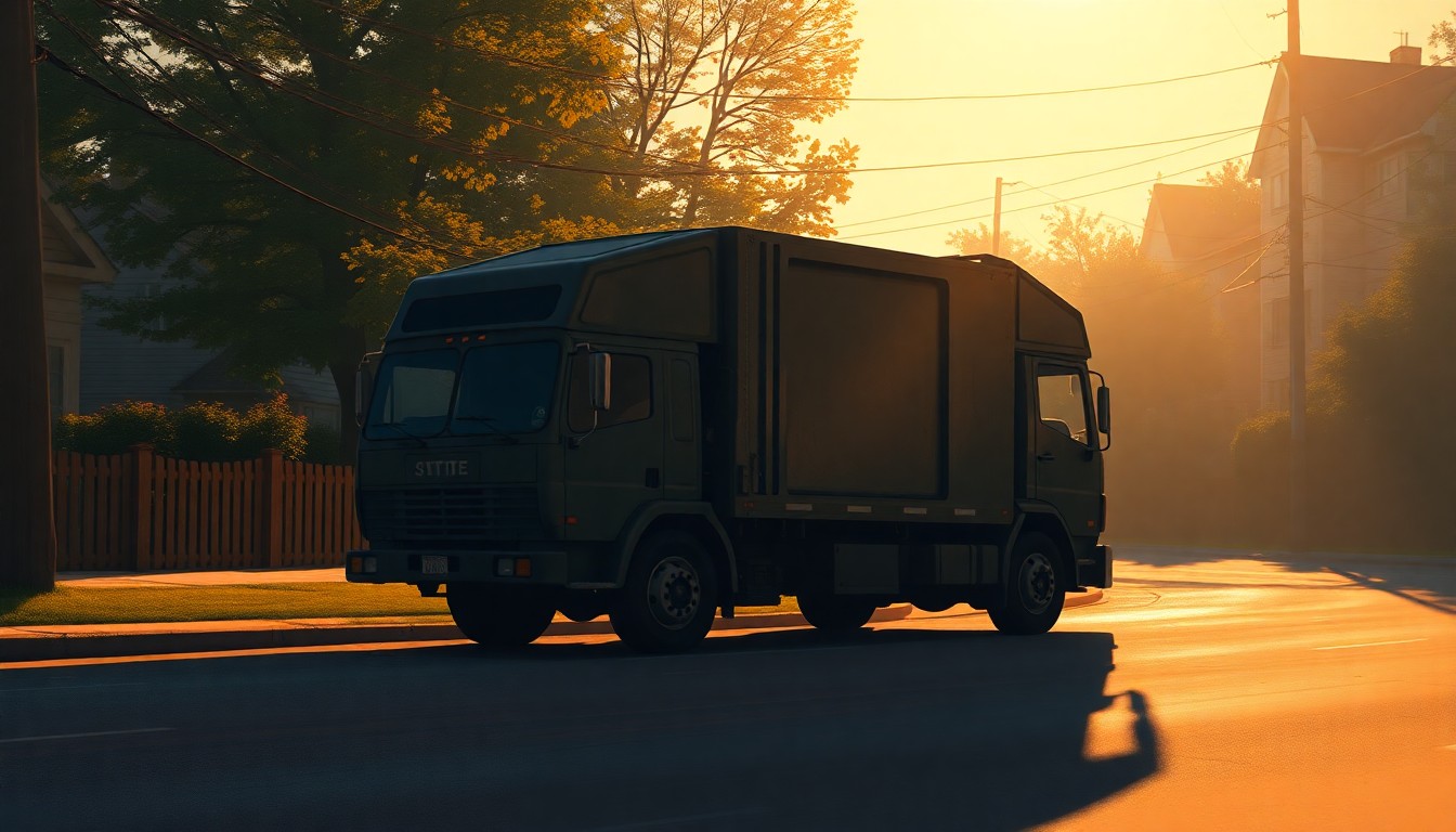 A photorealistic painting of a garbage truck parked on a quiet residential street, the vehicle's curves and details rendered in warm, muted tones with dramatic shadows, conveying a sense of timeless civic duty.