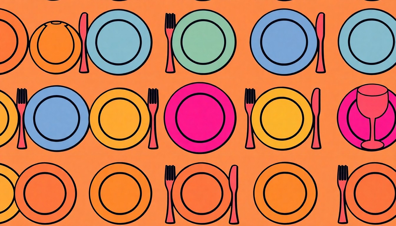 A high-contrast, brightly colored silkscreen print featuring a repeated pattern of a single iconic restaurant object, such as a plate or glass, in a bold, pop art style that captures the vibrant energy of Orlando's evolving dining landscape.