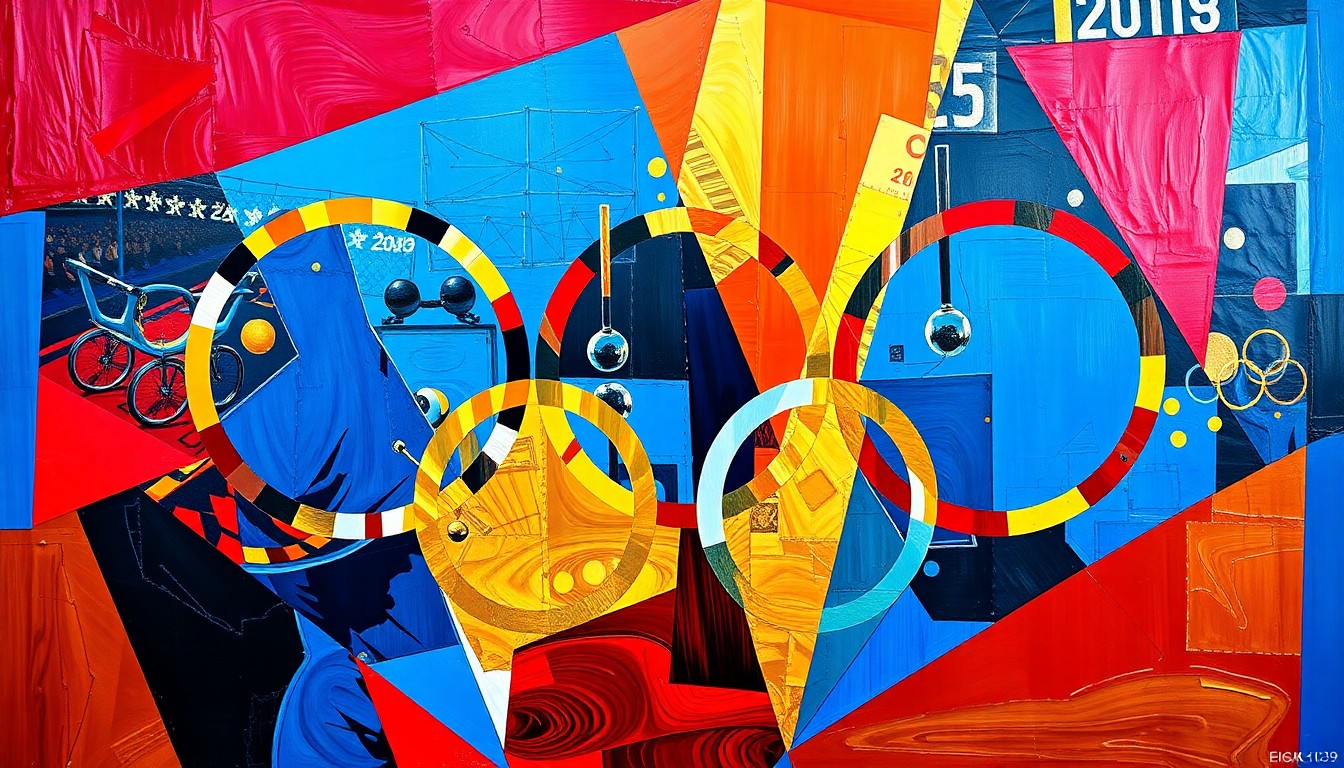 A cubist, geometric painting in bold blues, reds, and golds, capturing the dynamic energy and excitement of Olympic sporting events through fragmented, overlapping shapes and planes.