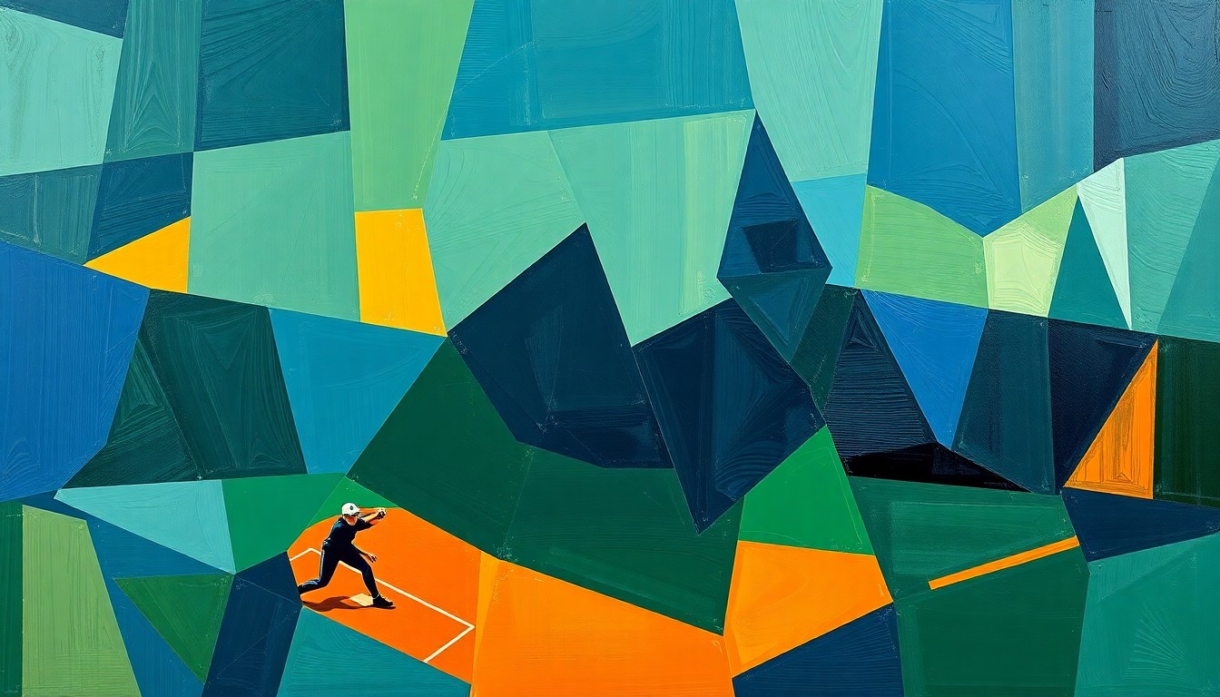 A cubist, geometric painting depicting the action of a high school softball game, with overlapping planes of color and shape representing the intense pitching matchup between the two teams.