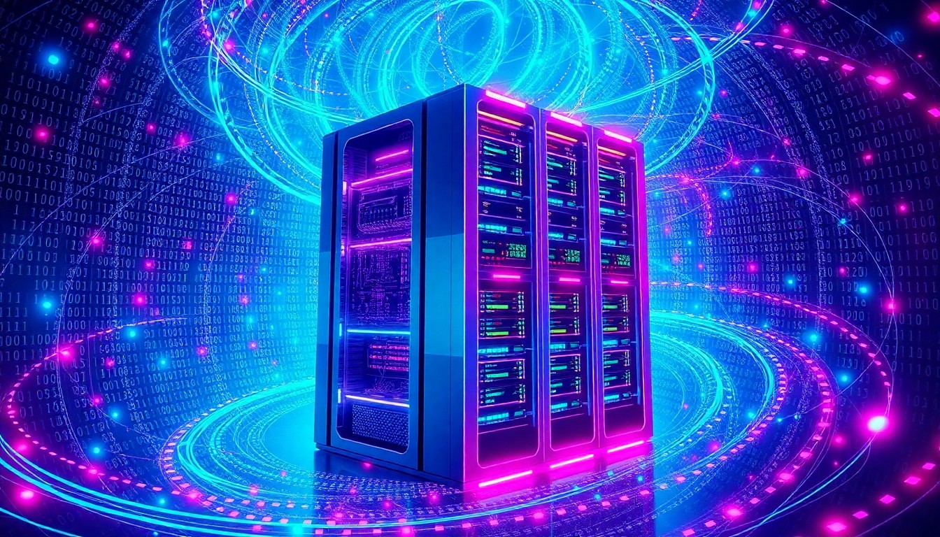 A highly detailed, 3D macro illustration of a futuristic data server rack glowing with neon cyan and magenta lights, surrounded by a swirling vortex of abstract binary code and data streams, conceptually representing the complex infrastructure and environmental concerns of a proposed data center project.