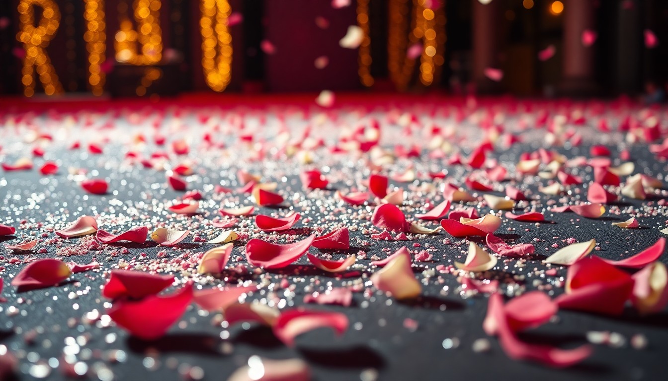 An extreme close-up photograph showing a scattering of shimmering confetti and delicate red rose petals on the ground, conveying the celebratory atmosphere of the 'Bruno Mars Day' event in Las Vegas.