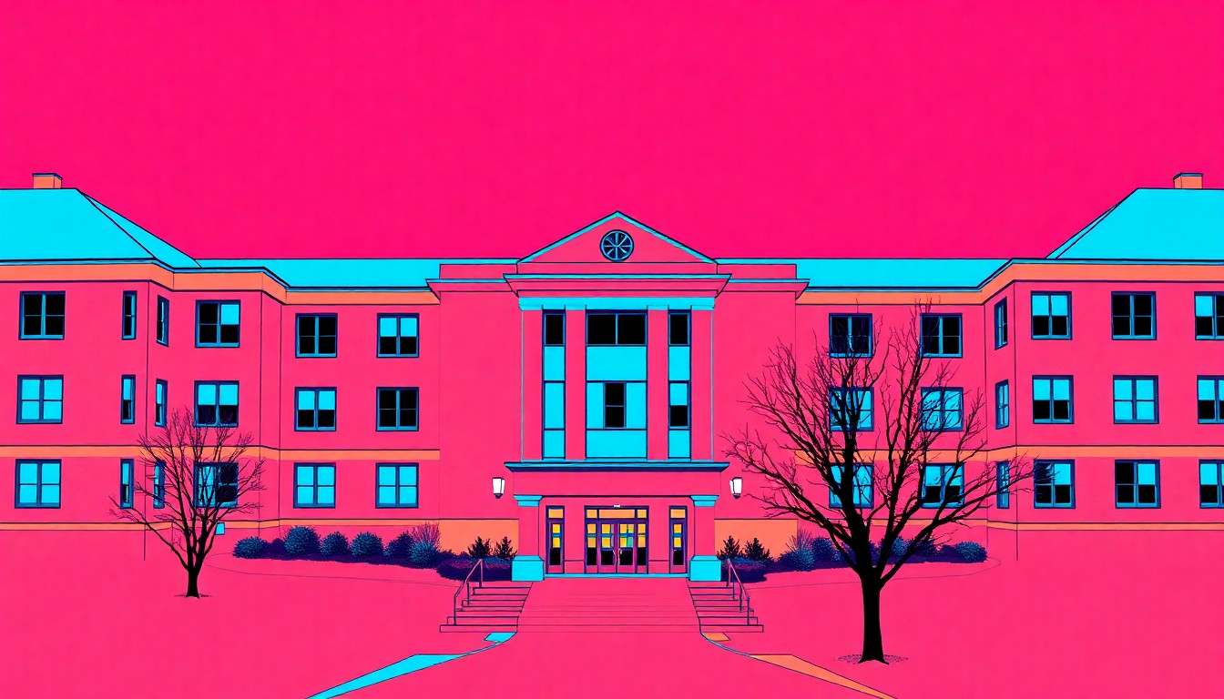 A vibrant, abstract silkscreen print depicting a college dormitory building repeated in a grid pattern, using bold neon colors and heavy black outlines to capture the celebratory mood of the campus expansion.