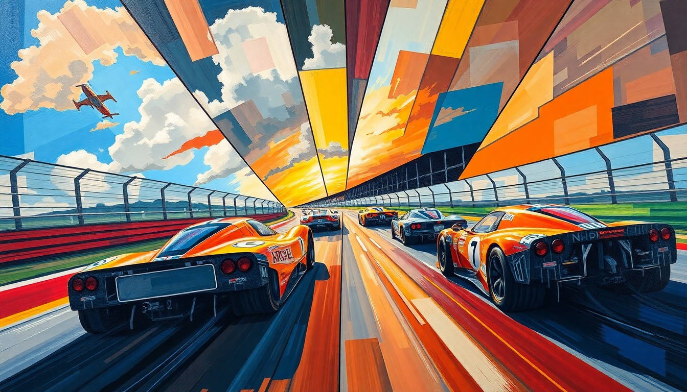 A cubist, fragmented painting depicting a high-speed car race, with the vehicles and track broken down into sharp, overlapping geometric shapes and planes in a variety of bright, bold colors.