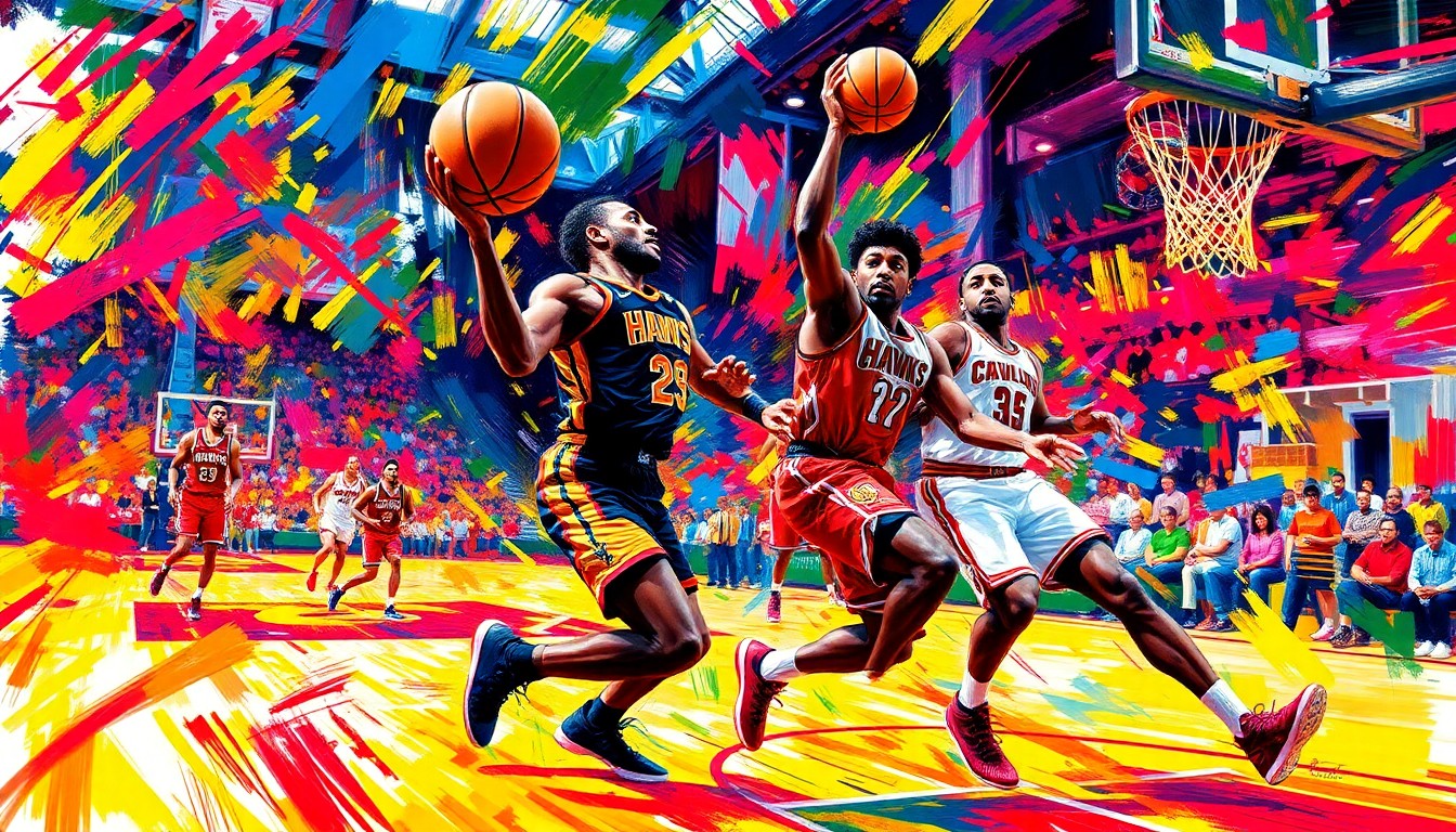 A dynamic, expressionist painting featuring vibrant neon brushstrokes and abstract shapes that capture the frenetic energy and movement of a basketball game, without any identifiable players or teams.