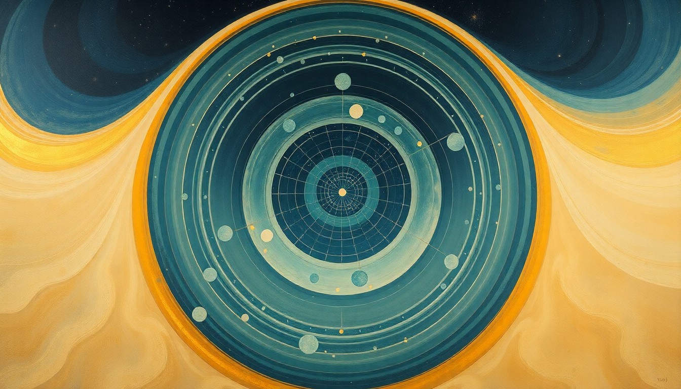 A bold, abstract painting in soft blues, greens, and golds, featuring sweeping geometric arcs, concentric circles, and precise spiral patterns, conceptually representing the cosmic forces and scientific achievements of the Artemis II moon mission.