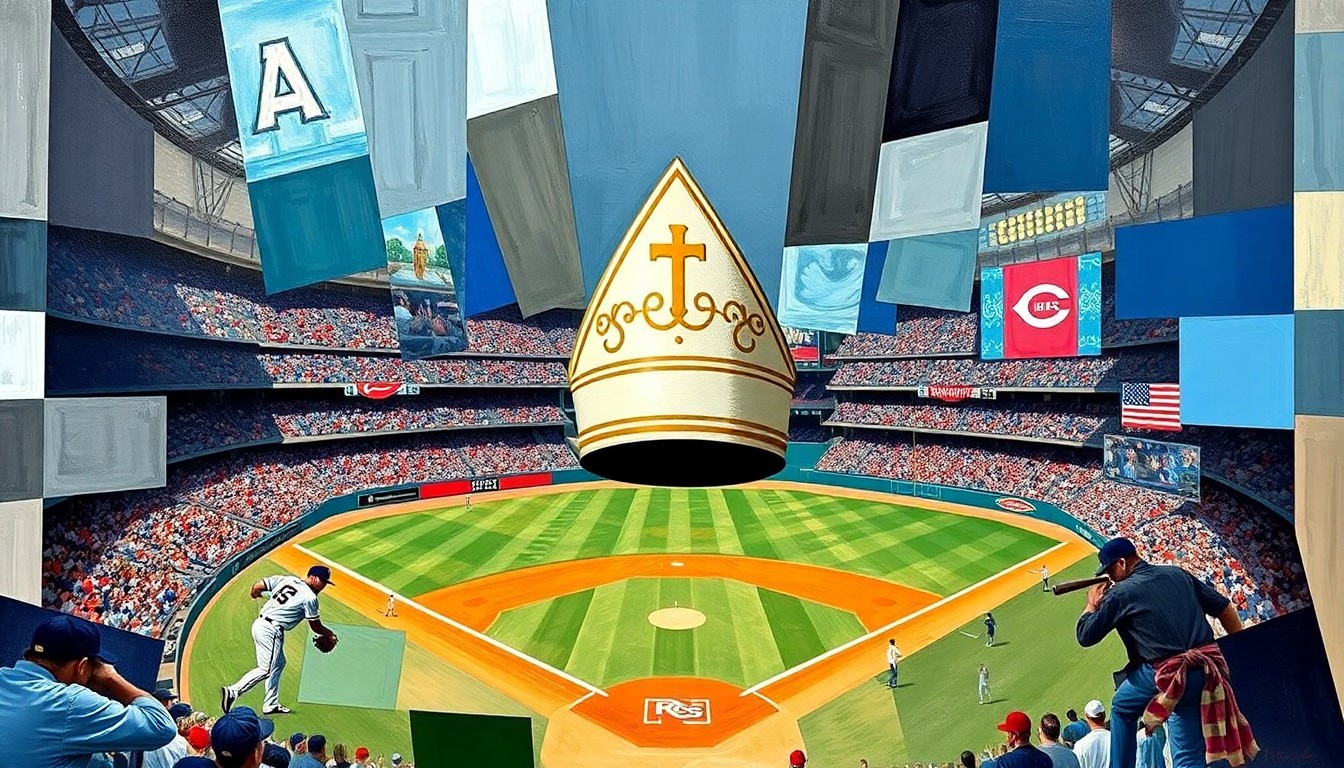 A cubist, geometric painting depicting a baseball game or match between the Chicago White Sox and Cincinnati Reds, with the iconic pope's miter hat as a central motif, representing the team's connection to their lifelong supporter, Pope Leo XIV.