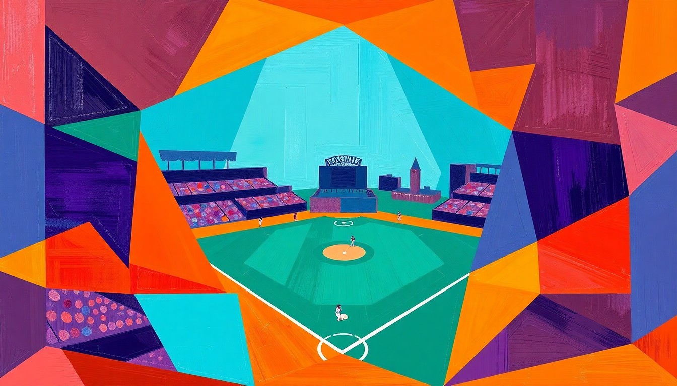 A fragmented, cubist-style painting depicting the dynamic action of a softball game, with sharp geometric shapes in bright, energetic colors representing the players, field, and ball.