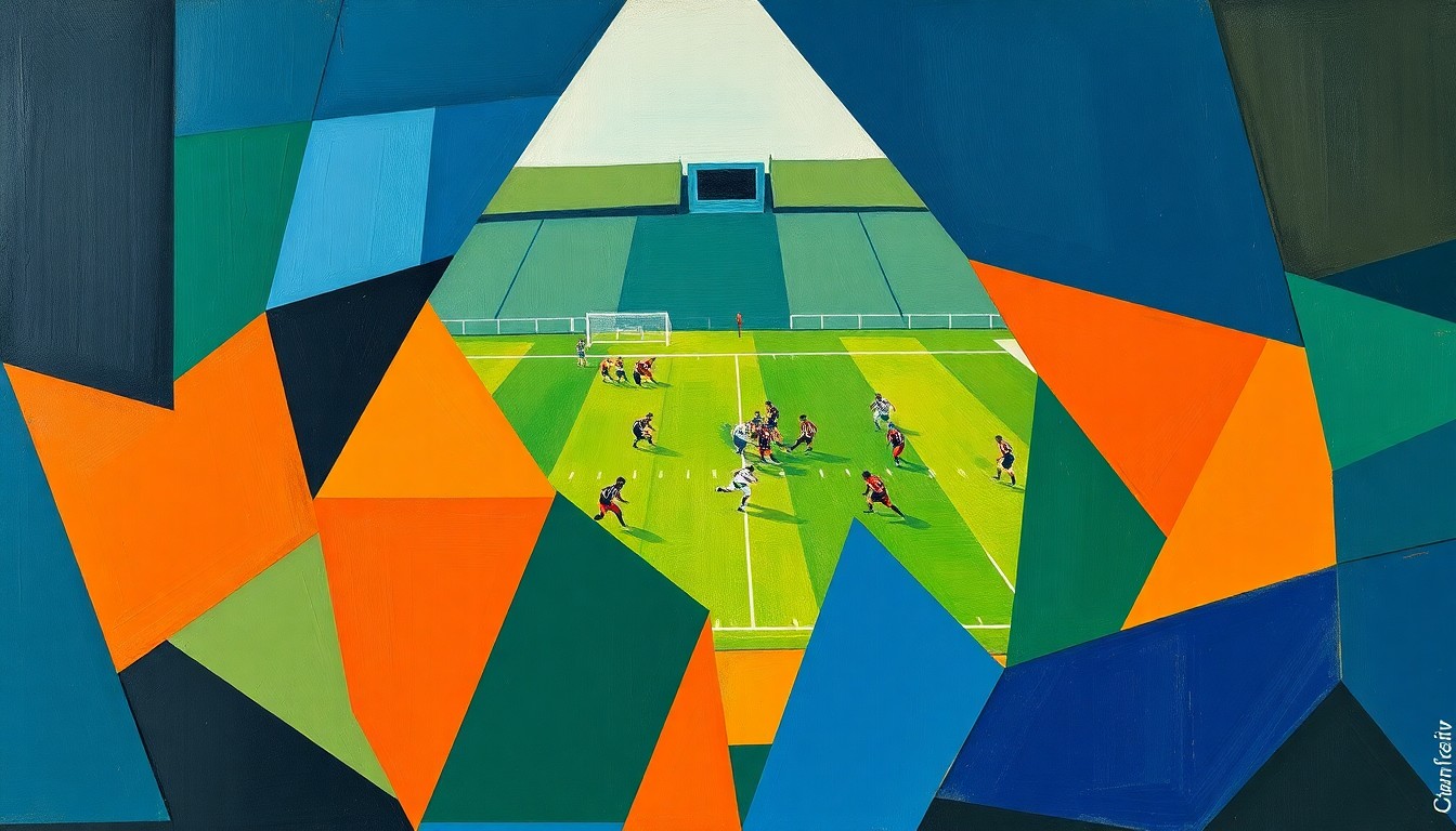 A cubist painting featuring sharp, overlapping geometric shapes in navy, green, and orange, capturing the dynamic motion and energy of a football game in an abstract, fragmented style.