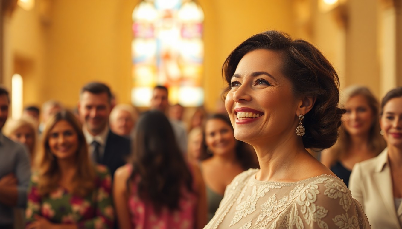 An extremely abstracted, out-of-focus photograph in soft, warm tones, depicting the conceptual representation of a joyful, elegantly dressed woman surrounded by blurred shapes and colors that suggest a vibrant church community.