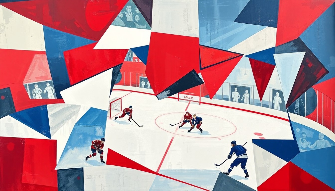 A cubist, geometric painting depicting a hockey game or match, with the players and action broken down into sharp, overlapping planes of red, white, and blue, capturing the raw energy and movement of the sport.