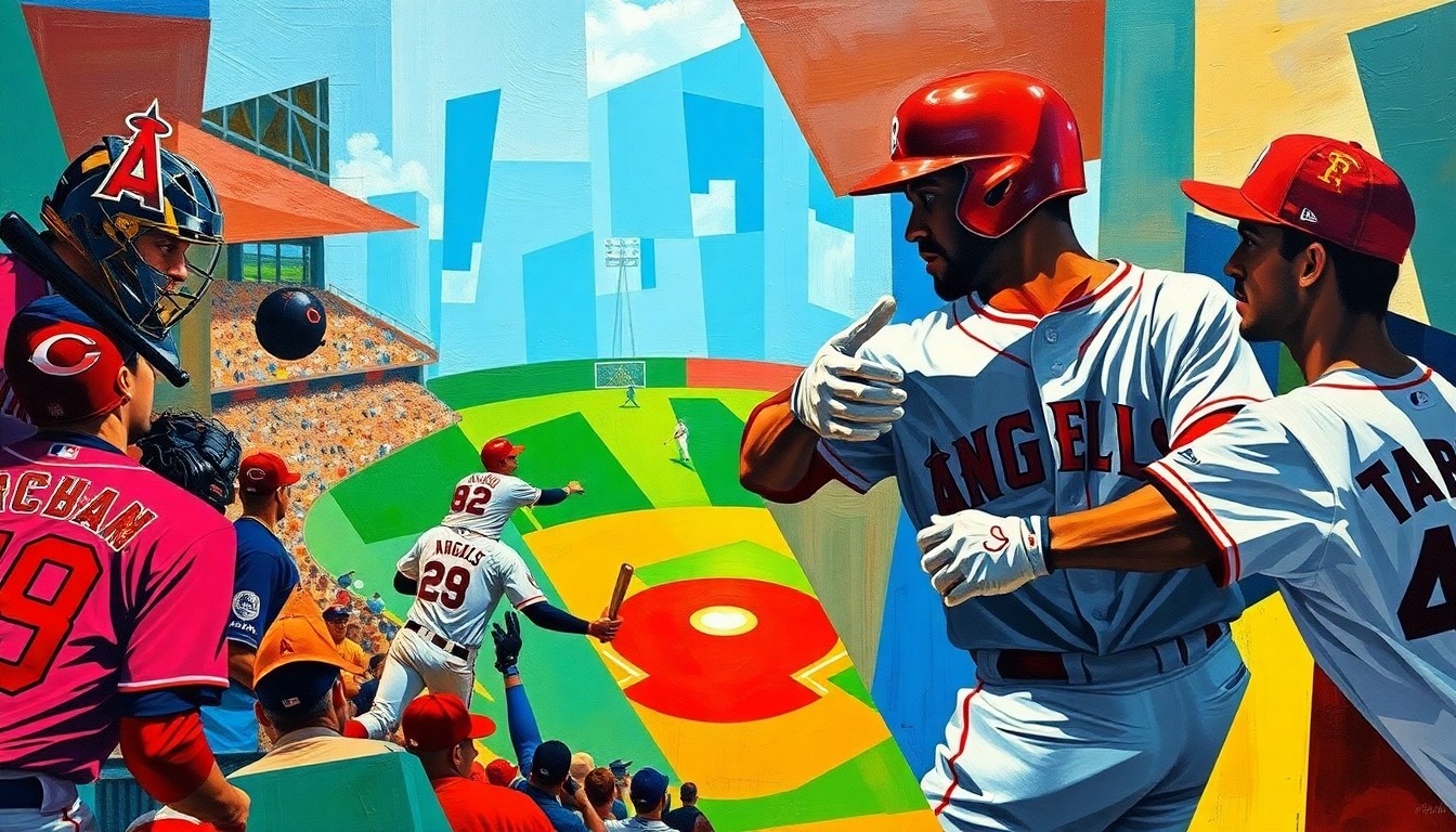 A fragmented, geometric painting depicting a baseball game, with the players' forms broken down into sharp, overlapping shapes in vibrant colors representing the Angels and Reds uniforms.