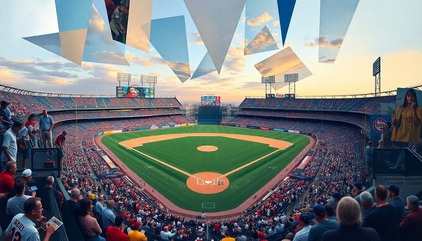 A fragmented, geometric painting depicting the action of a baseball game, with overlapping shapes and planes representing the ebb and flow of the contest between the two teams.