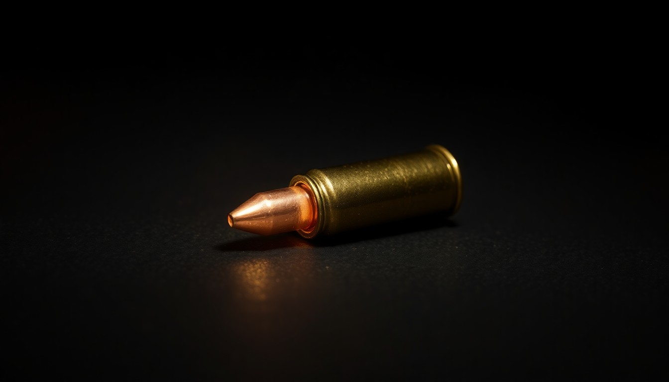 An extreme close-up of a single spent bullet casing on a dark, textured surface, lit by a harsh, direct camera flash, conceptually representing the physical evidence left behind after a fatal shooting incident.