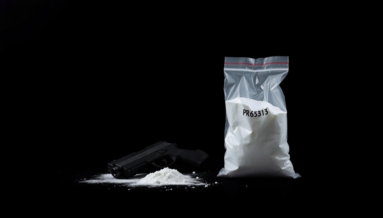 An extreme close-up photograph of a plastic bag filled with a white powdery substance and a small handgun, captured in stark contrast against a pitch-black background using a harsh camera flash, conceptually representing the discovery of illegal drugs and firearms during a law enforcement encounter.