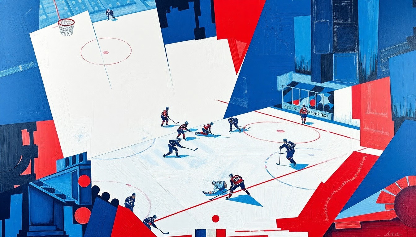 A cubist, geometric painting depicting a hockey game or match, with sharp, overlapping planes of color representing the dynamic action on the ice.