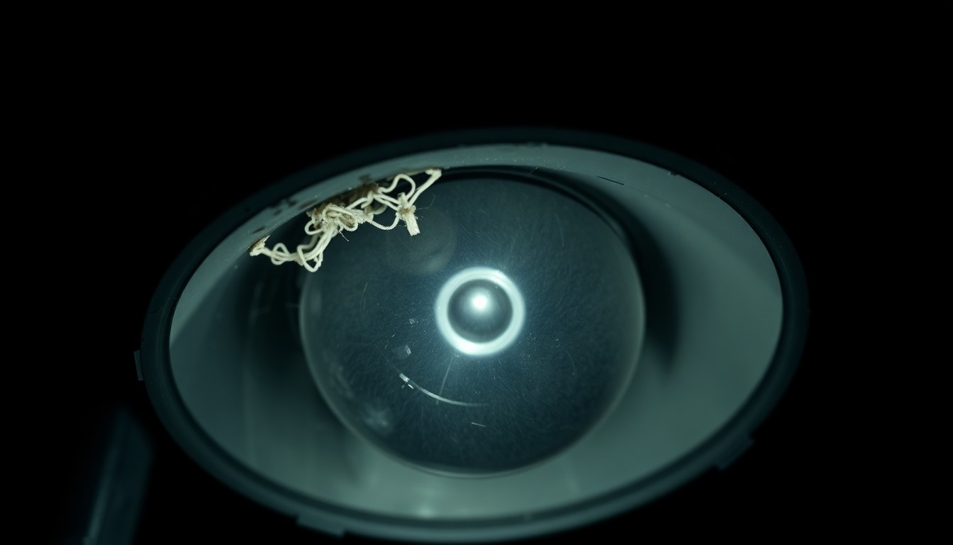 An extreme close-up photograph of a damaged streetlight sensor or wiring, lit by a harsh, direct camera flash against a pitch-black background, conceptually illustrating the impact of copper theft on Minneapolis' infrastructure.