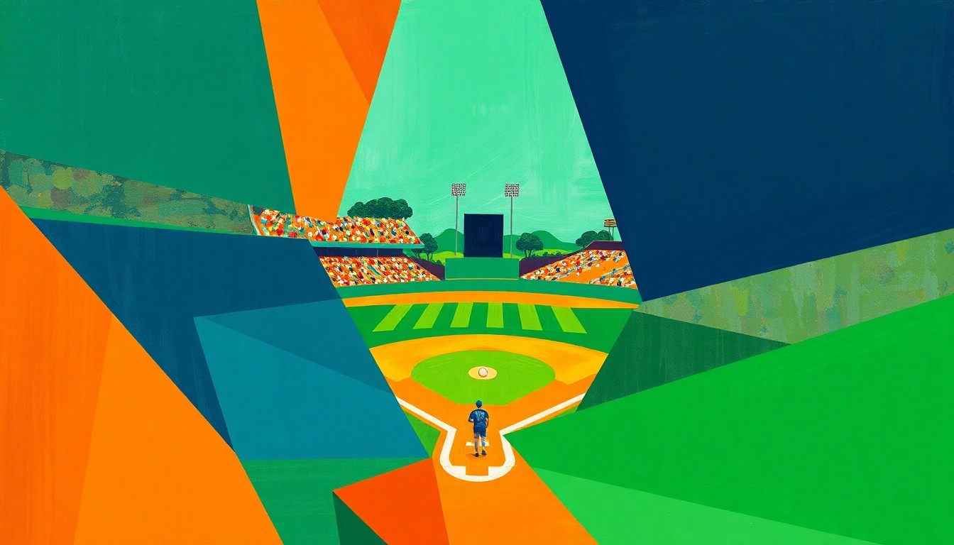 A fragmented, geometric painting depicting a softball game in motion, with players and the field broken down into sharp, overlapping planes of color.