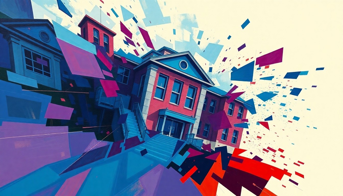 A dynamic, abstract painting of a school building in motion, with overlapping geometric shapes and waves of deep blue, purple, and red colors, conveying a sense of disruption and urgency around the issue of school threats.