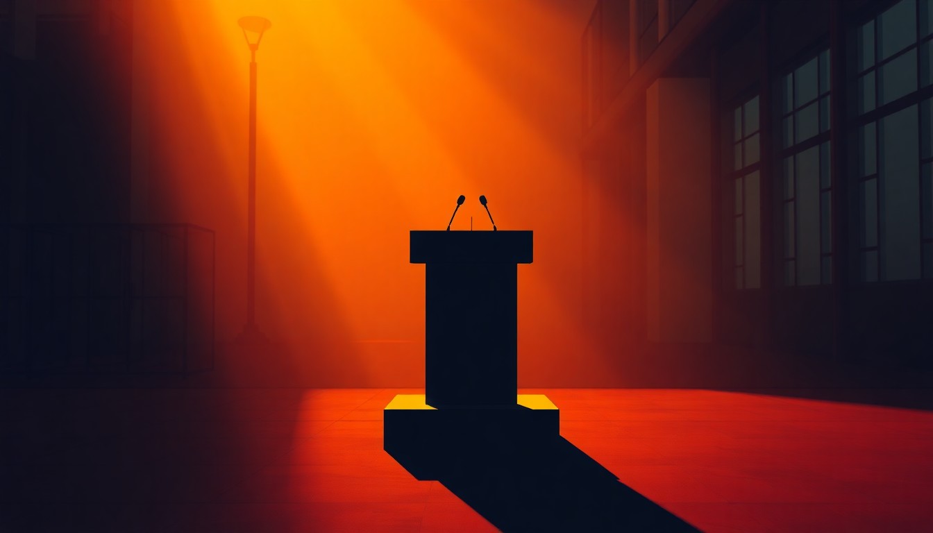 A quiet, cinematic painting of a solitary political podium standing alone in an empty, shadowy urban setting, bathed in warm, diagonal sunlight, conceptually representing the early stirrings of the 2028 presidential race.