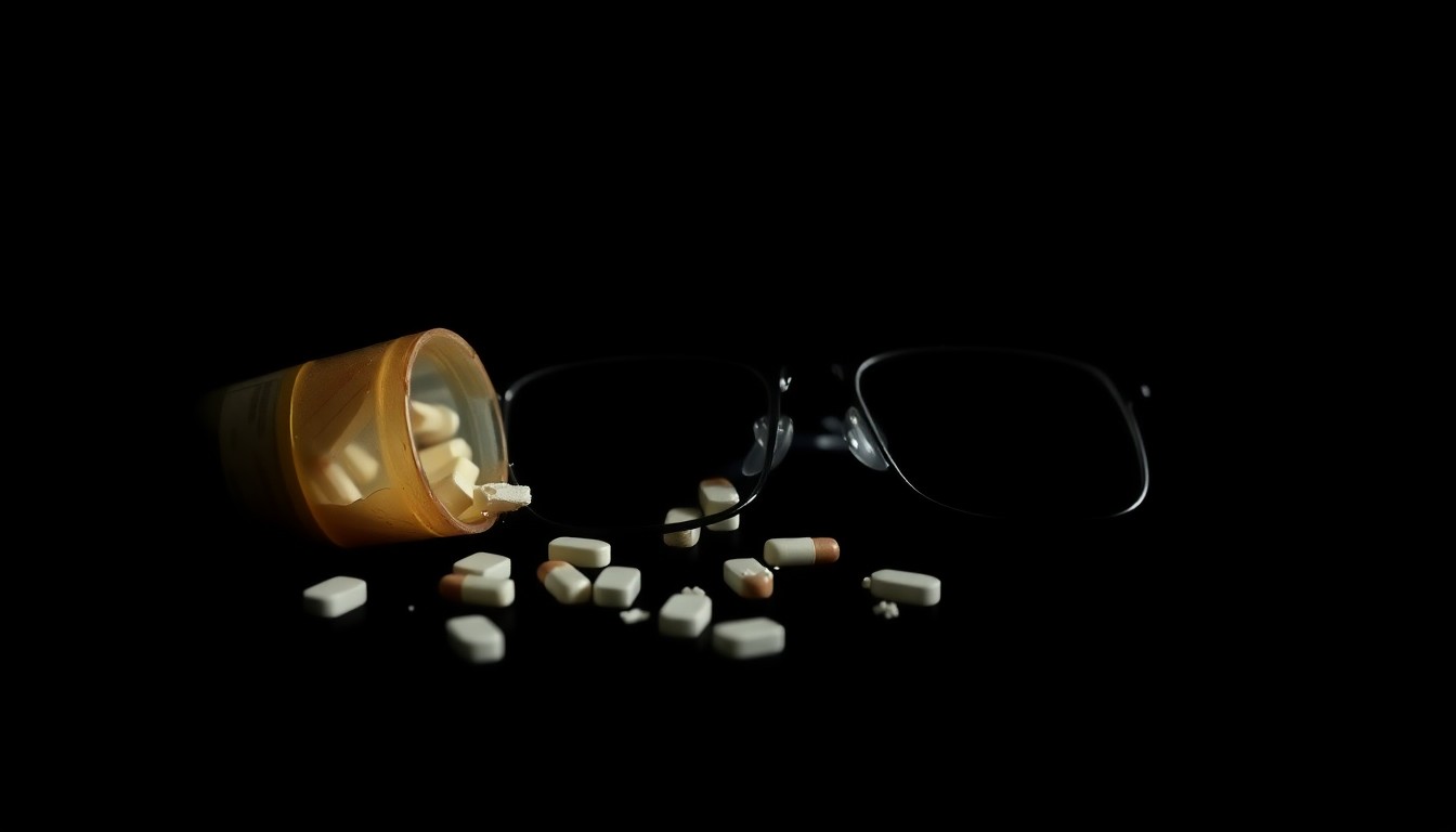 An extreme close-up photograph of a crumpled pill bottle or broken eyeglasses against a pitch-black background, lit by a harsh, direct camera flash, conceptually representing the gritty details and evidence of an alleged sexual assault case.