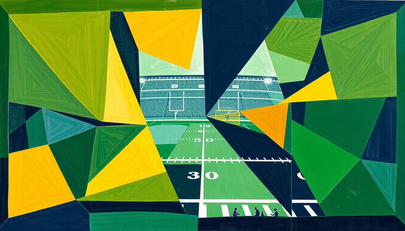 A fragmented, geometric painting in shades of green, gold, and navy blue, capturing the motion and intensity of a college football game through Cubist-inspired abstraction.
