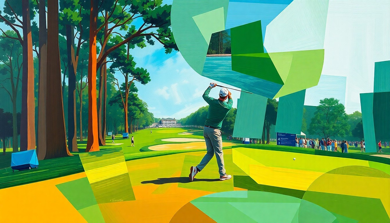 A cubist, geometric painting depicting a golfer's swing and motion on the Augusta National course, with sharp, overlapping planes in vibrant greens, browns, and blues.