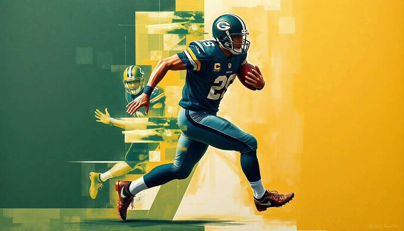 A cubist, geometric painting depicting a football player in mid-stride, their body and motion broken down into sharp, overlapping planes of green, gold, and navy blue, capturing the dynamic energy of the sport.