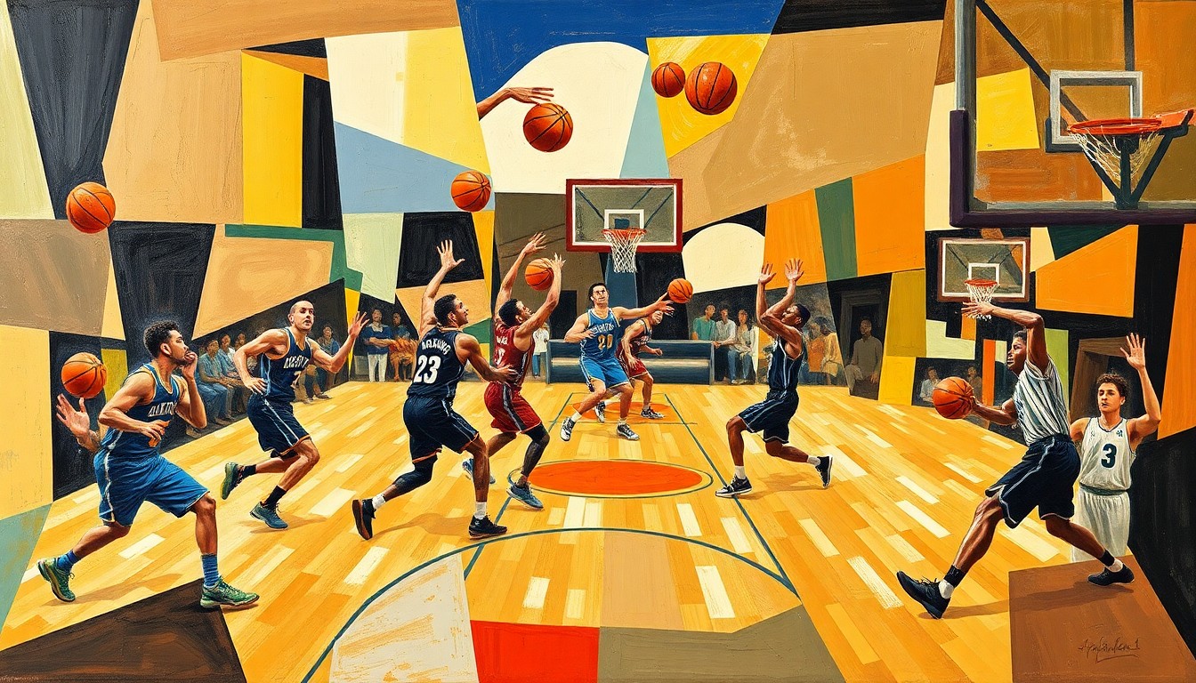 A cubist-style painting depicting the dynamic movements of basketball players, with their forms broken down into sharp, overlapping geometric shapes and planes in vibrant colors.