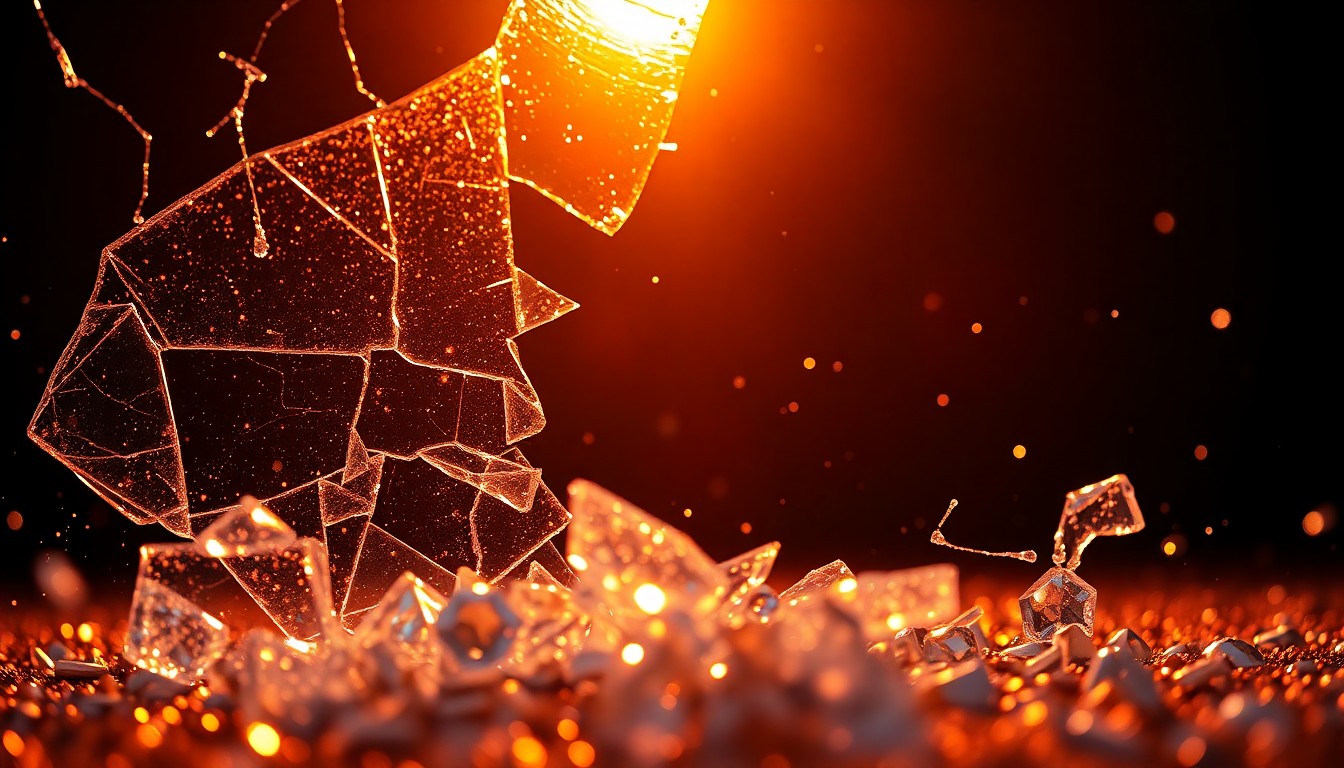 An abstract close-up image featuring shattered glass and glittering sequins, captured in dramatic, high-contrast studio lighting to convey the fragility and glamour of morning television.