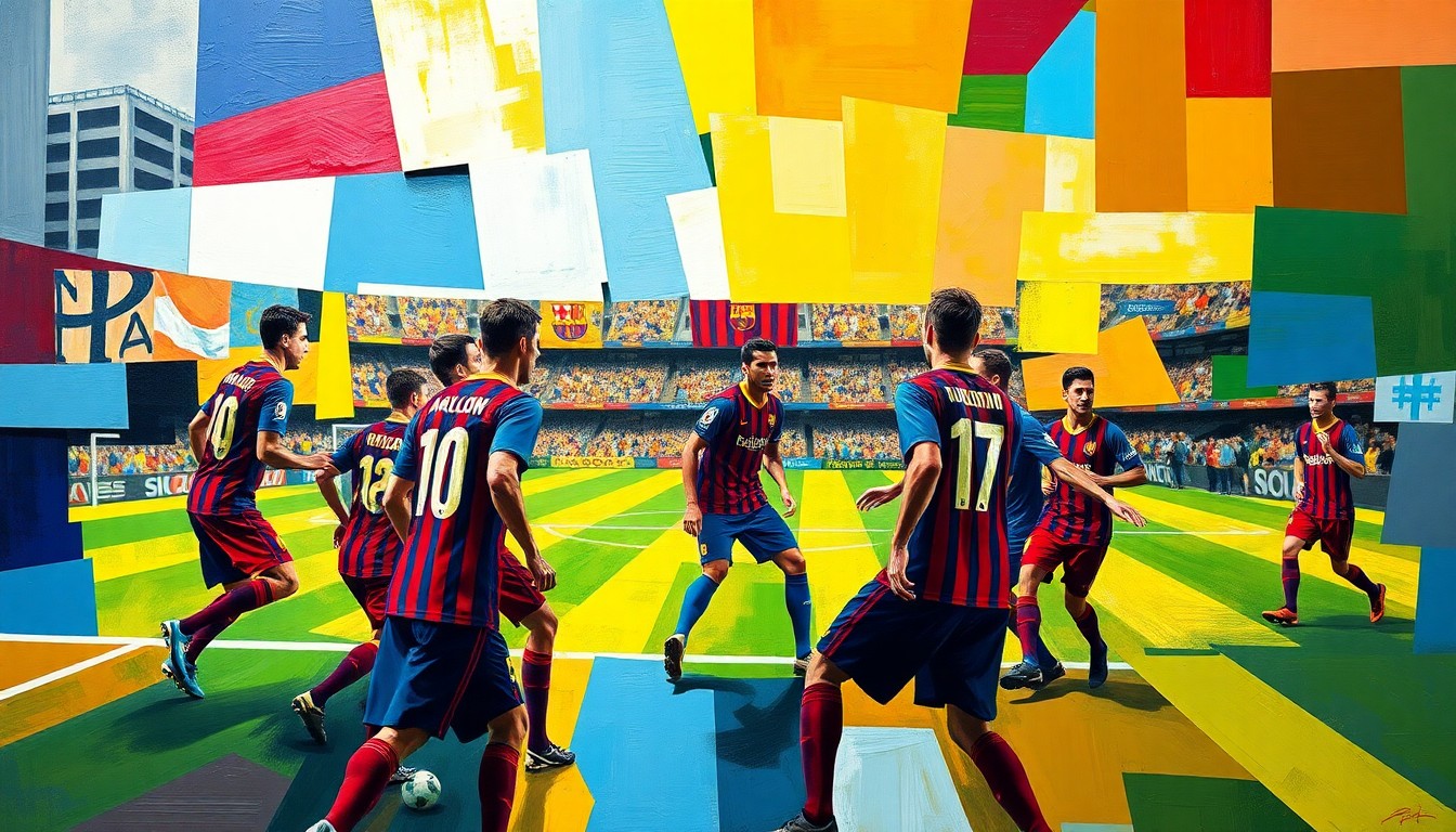 A cubist, geometric painting depicting a fractured, multi-perspective scene of a Barcelona midfield, with sharp overlapping planes of color representing the team's uniforms and the chaotic nature of the situation.