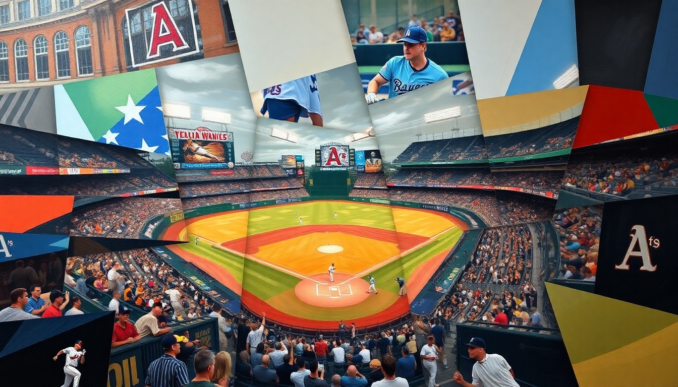 A cubist-style painting depicting a baseball game between the Braves and Athletics, with the players and field broken down into sharp, overlapping geometric shapes and planes, conveying the intensity and complexity of the sport.