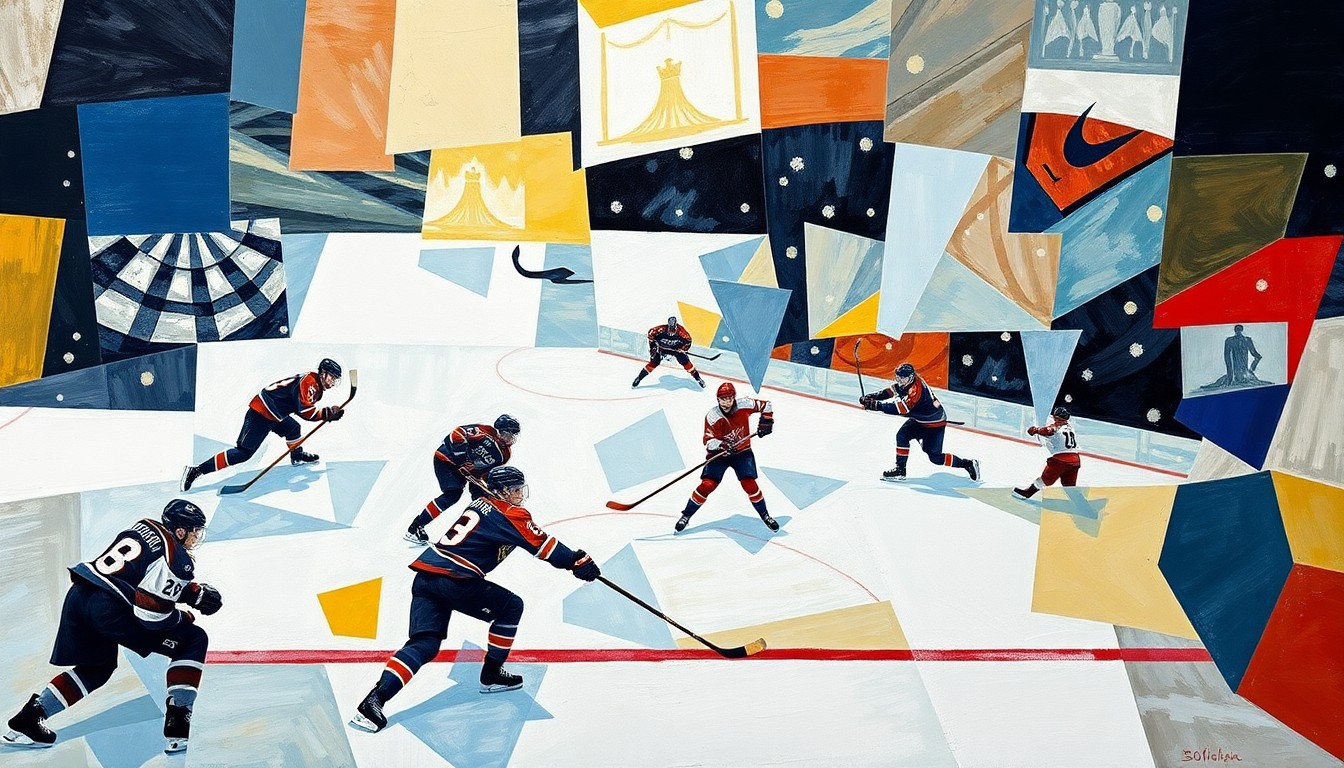 A cubist, geometric painting depicting a hockey game, with the players and ice deconstructed into abstract shapes and planes of color, capturing the intensity and energy of the sport.