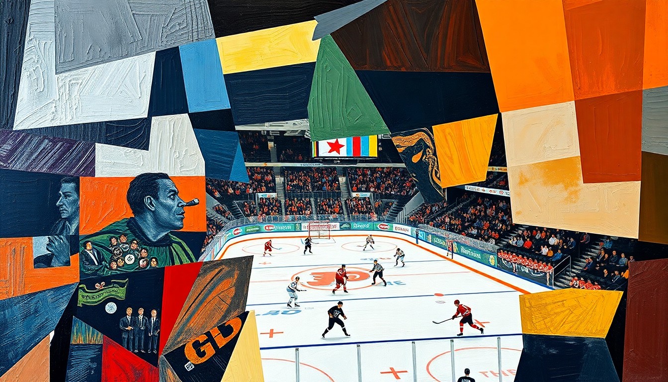 A cubist-style painting depicting a Flyers hockey game broken down into sharp, overlapping geometric shapes and planes, capturing the team's tactical transformation and resilience.