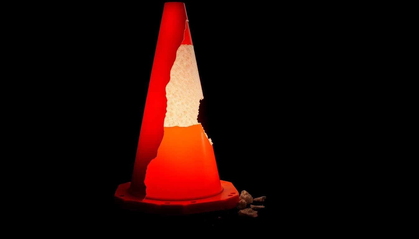 An extreme close-up photograph of a shattered traffic cone, its jagged edges and rough texture conveying the gritty aftermath of a mental health crisis.