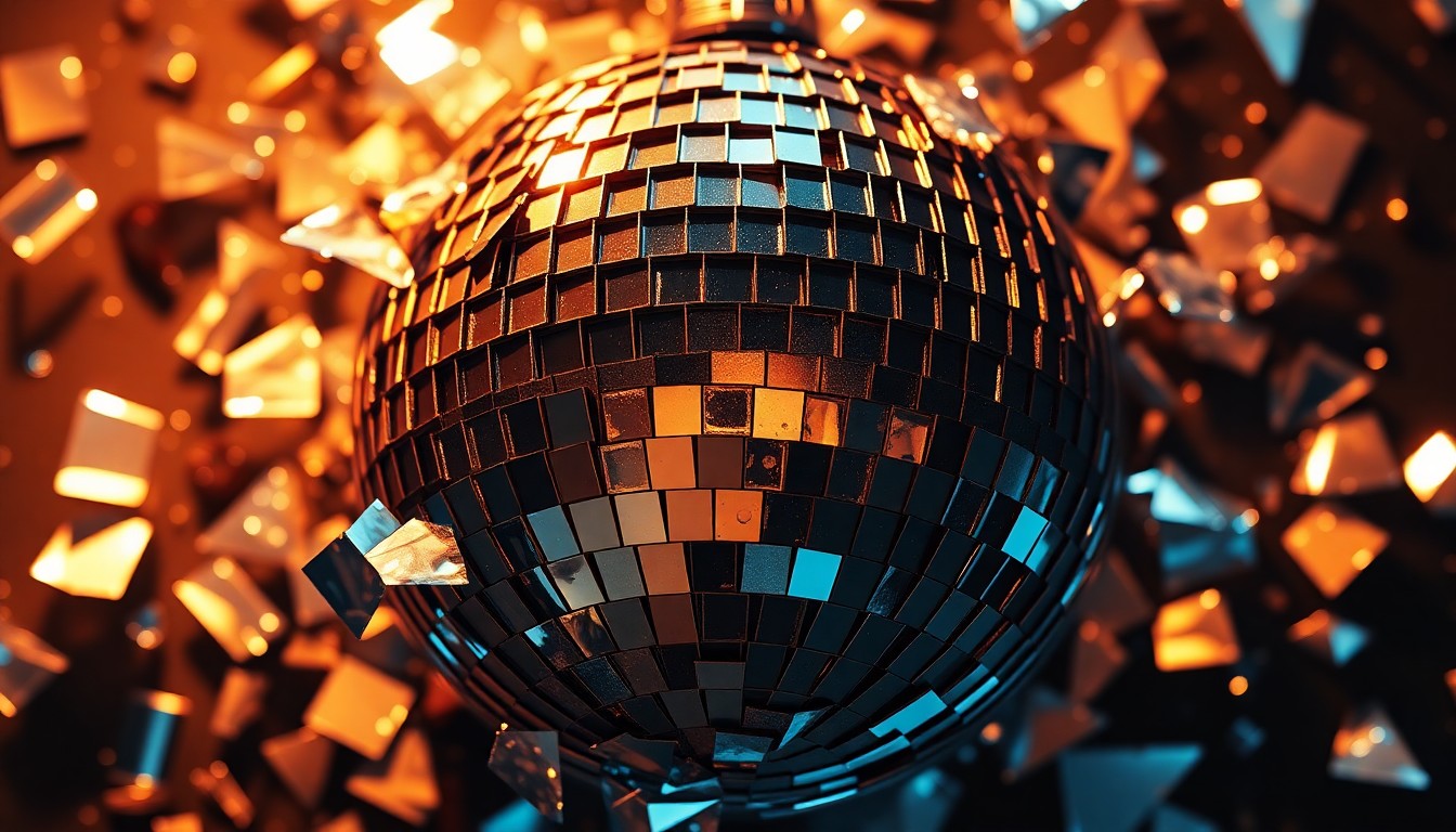 An abstract close-up photograph of shattered glass shards reflecting warm, golden light, conveying a sense of high-end luxury and celebrity drama.