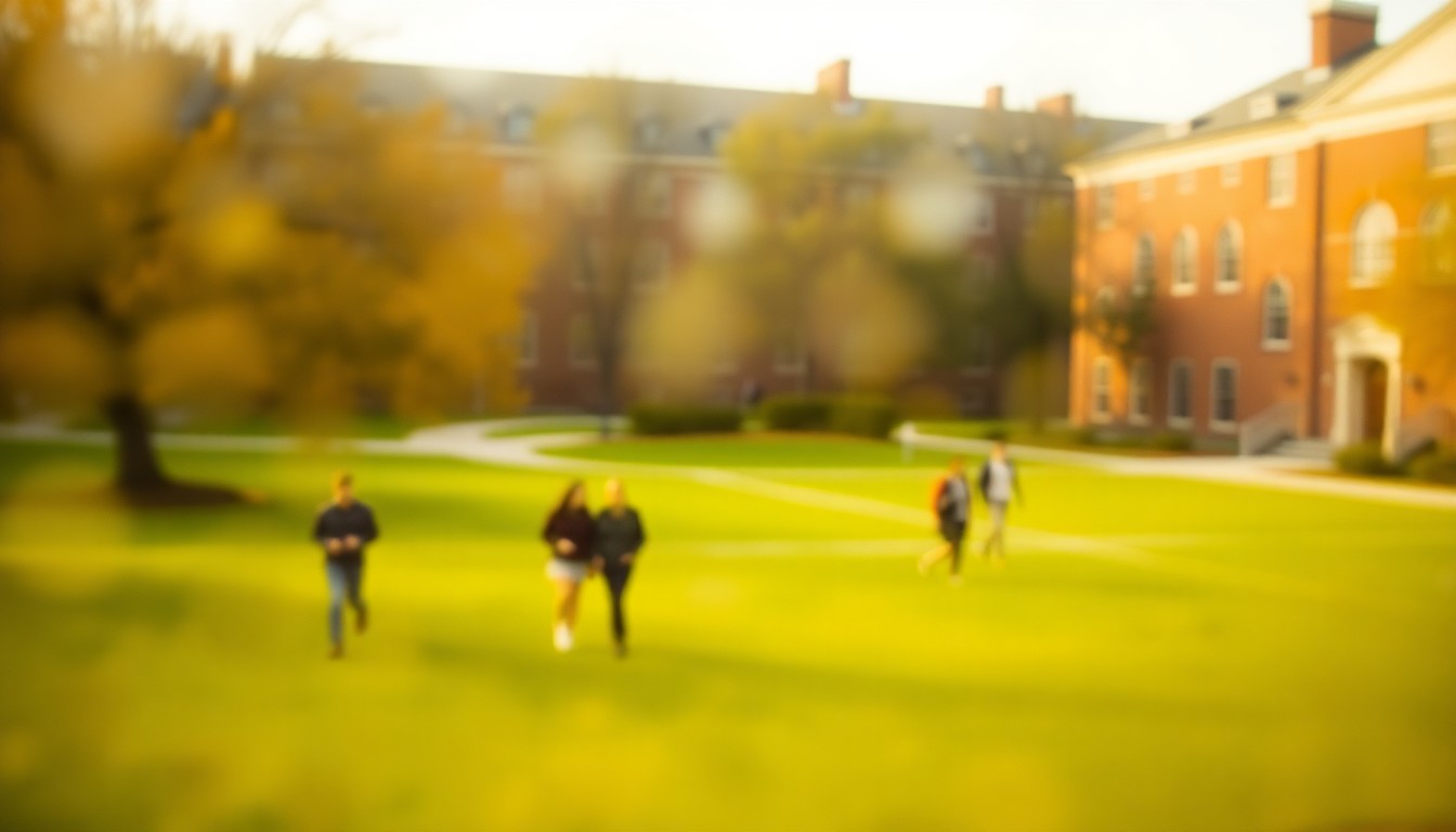 An abstract, impressionistic image of a college campus scene, with blurred figures of students walking through pools of warm, golden light, conceptually representing the compassionate scholarship established in memory of a tragic accident victim.