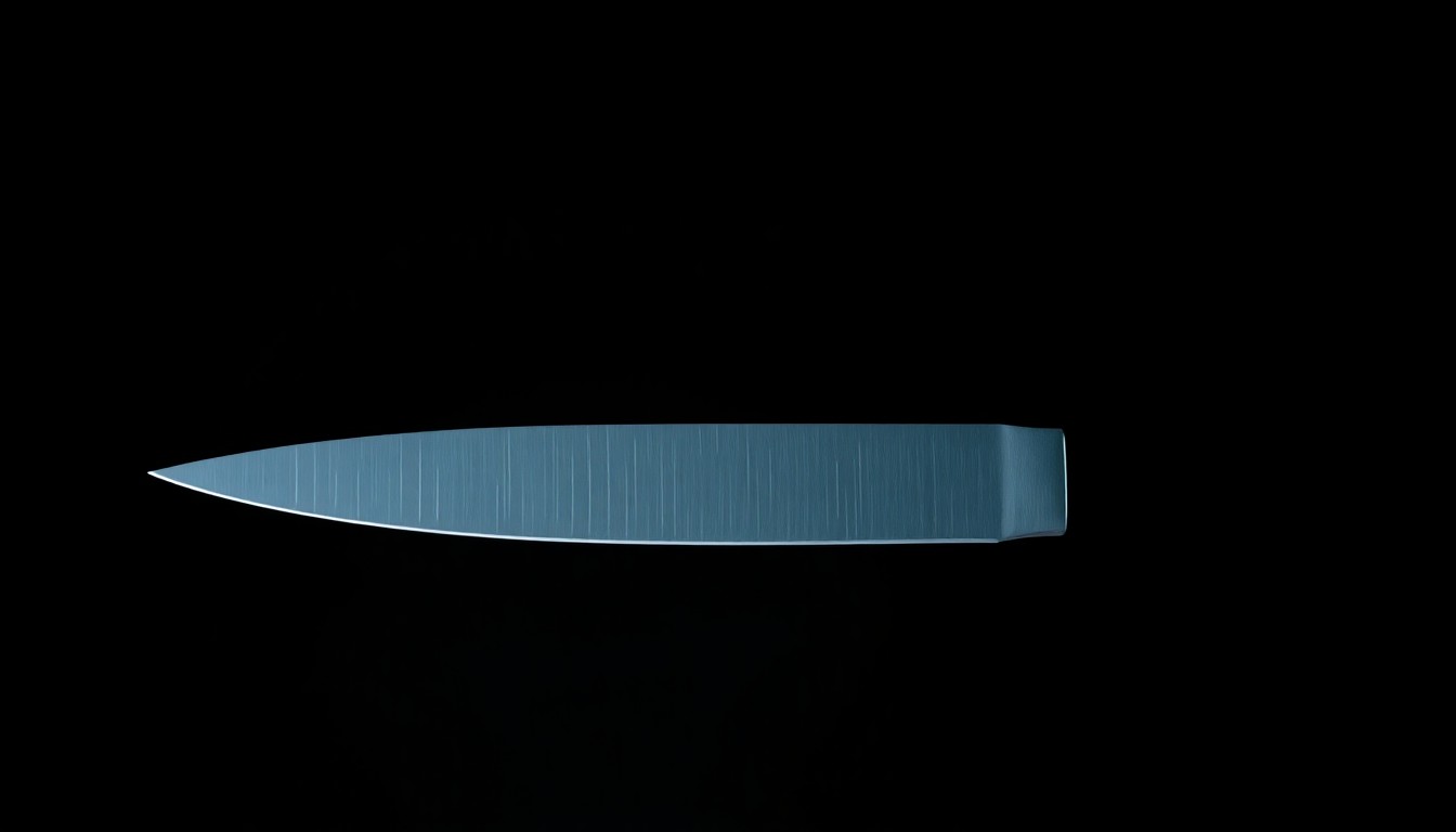 An extreme close-up of a single knife blade reflecting a harsh, bright light, conceptually illustrating the investigation of a violent crime through forensic evidence.