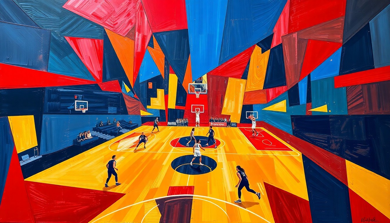 A cubist, geometric painting featuring overlapping planes of navy blue, red, and gold, capturing the dynamic action and competitive spirit of a professional women's basketball team.