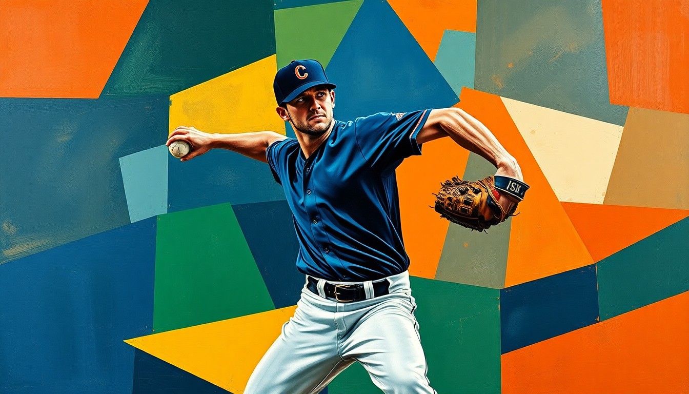 A cubist, geometric painting depicting a baseball pitcher's delivery broken down into sharp, overlapping planes of navy, green, and orange, conveying the fractured nature of the Padres' bullpen situation.