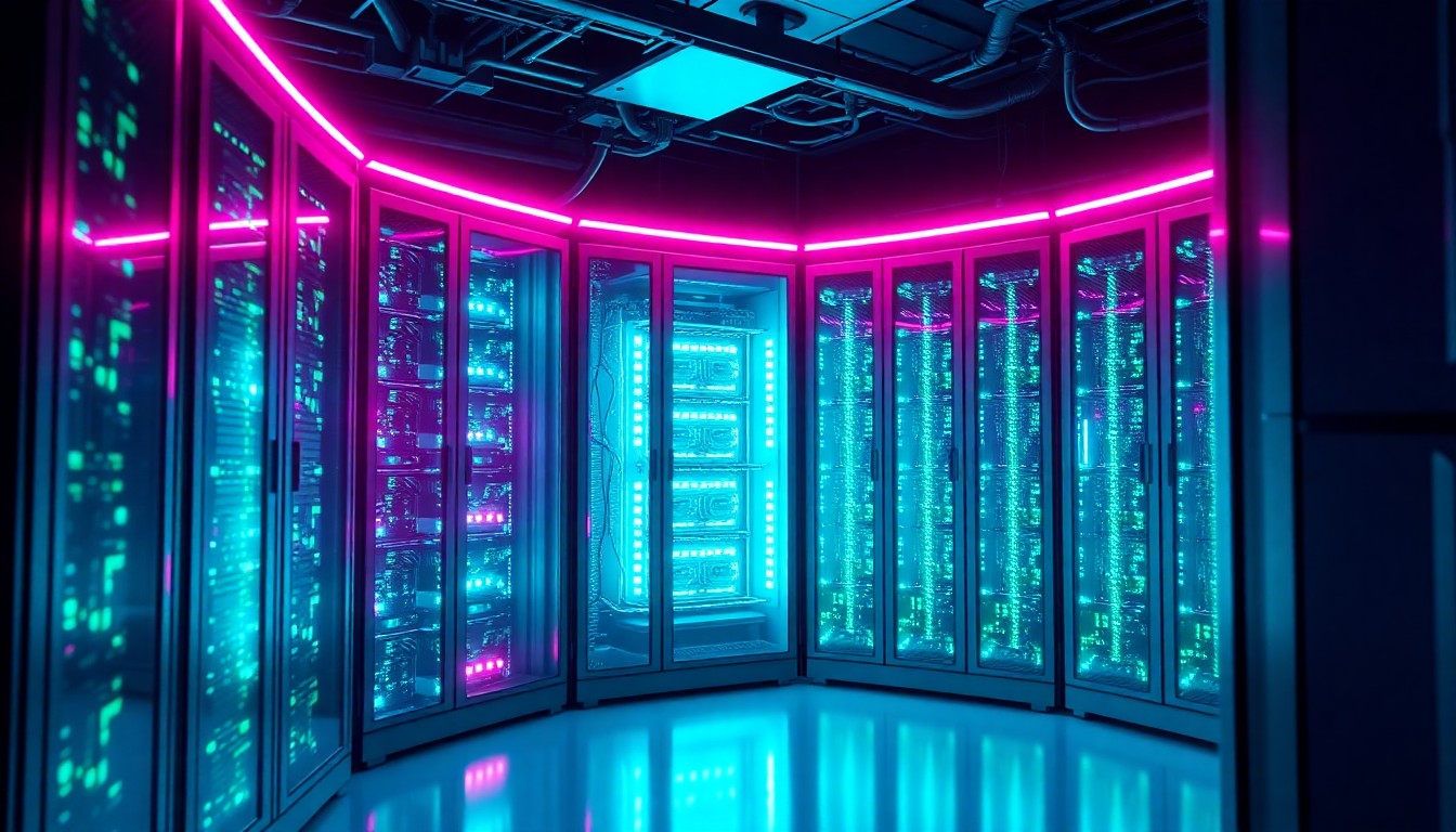 A highly detailed, glowing 3D illustration of a futuristic data center server rack, its intricate circuitry and cooling systems illuminated by pulsing neon lights, conceptually representing the advanced technology behind the proposed Project Tango A.I. data center.