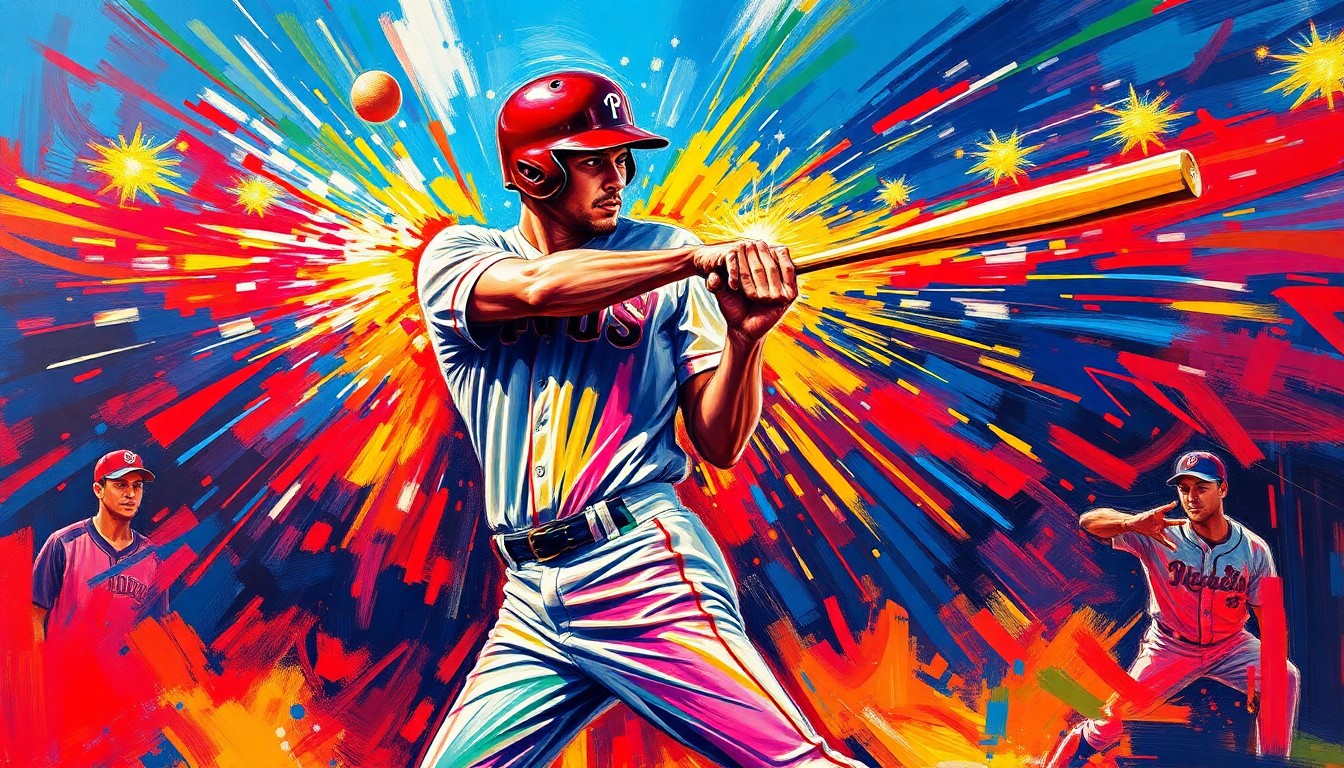 An abstract, energetic painting in neon colors capturing the explosive power and motion of a baseball player swinging the bat and sending the ball soaring through the air.