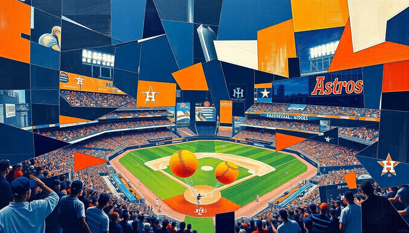 A cubist, geometric painting depicting a baseball game or match, with the players and field broken down into sharp, overlapping planes of navy blue, orange, and white, capturing the dynamic energy of the sport.