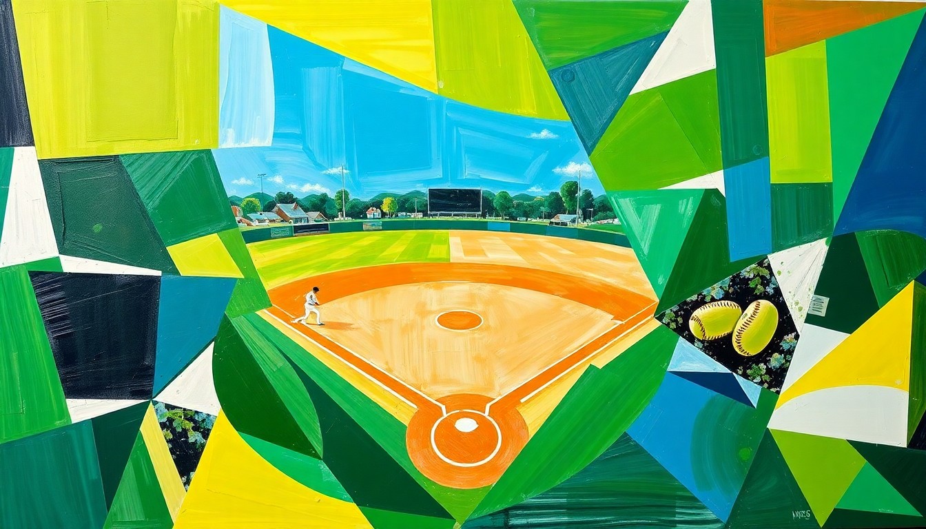 A fragmented, geometric painting in shades of green, blue, and white, depicting the action and energy of a college softball game in an abstract, deconstructed style.