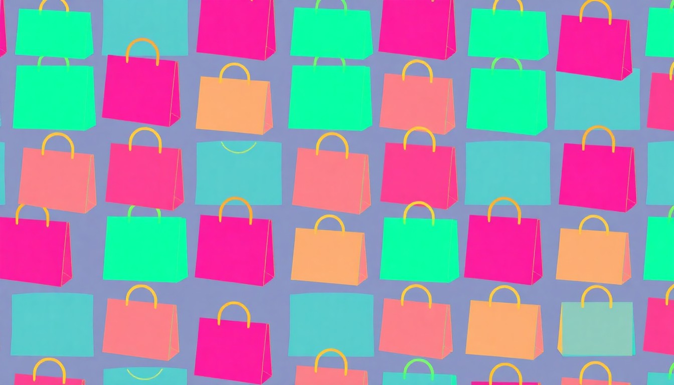 A bold, colorful silkscreen-style illustration featuring a repeating pattern of a stylized shopping bag icon in neon pink, turquoise, and yellow, capturing the energy and diversity of Las Vegas' off-Strip shopping destinations.