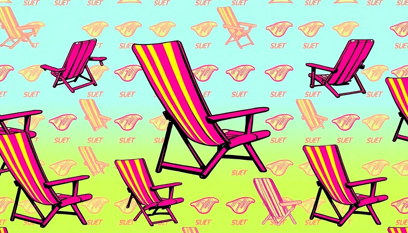 A brightly colored, high-contrast silkscreen print of a single, iconic coastal lifestyle object such as a beach chair or surfboard, repeated in a tight grid pattern in vibrant neon colors with heavy black outlines, conceptually representing the extreme value of coastal real estate in Laguna Beach.